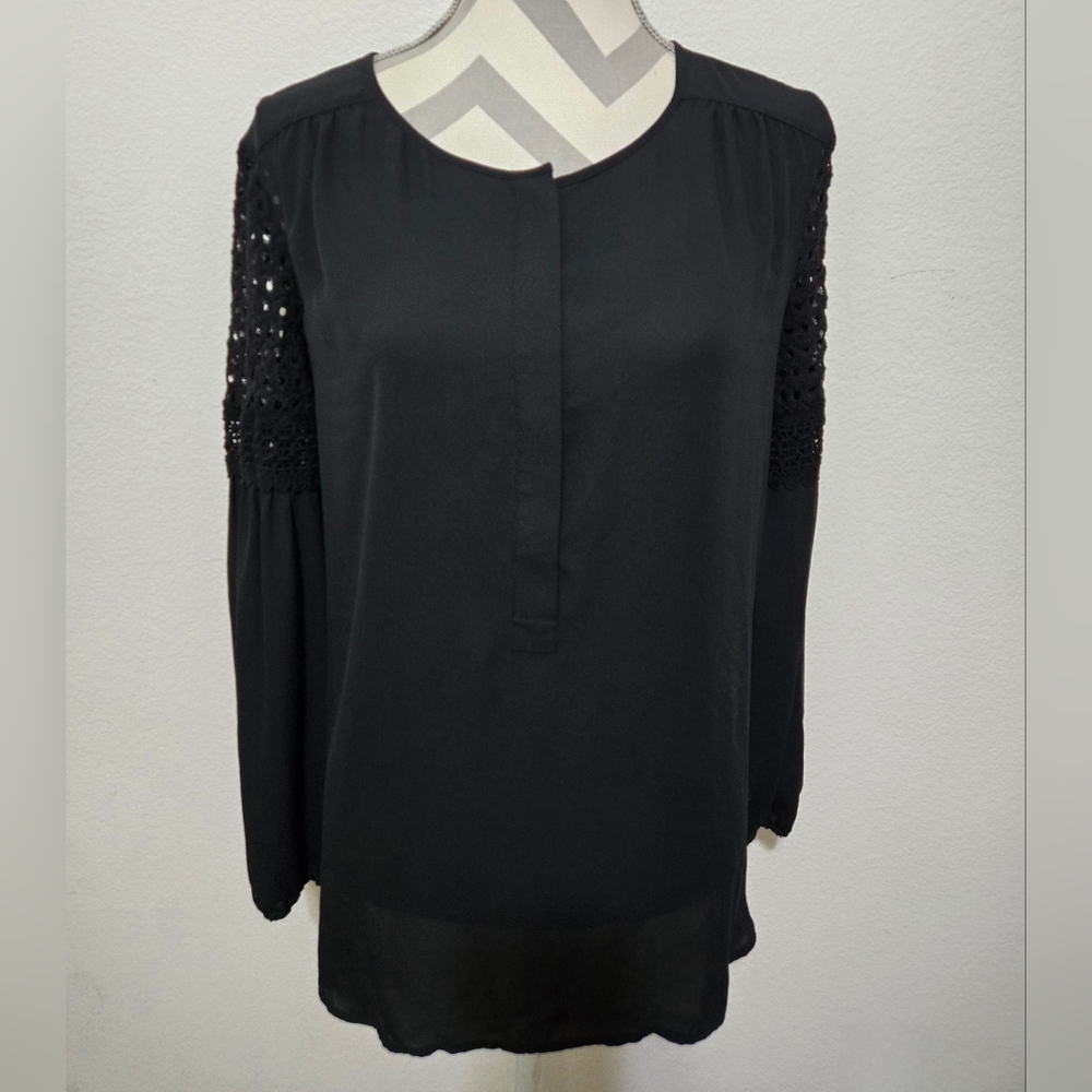 LOFT Black Blouse with Crochet Sleeves